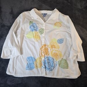 Koret Women's Top Blouse 2XL 3/4 Sleeve Floral Artsy  100% Cotton